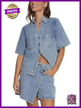 Women's Denim 2-Piece Set Short Sleeve Button Down Top & Jean Shorts